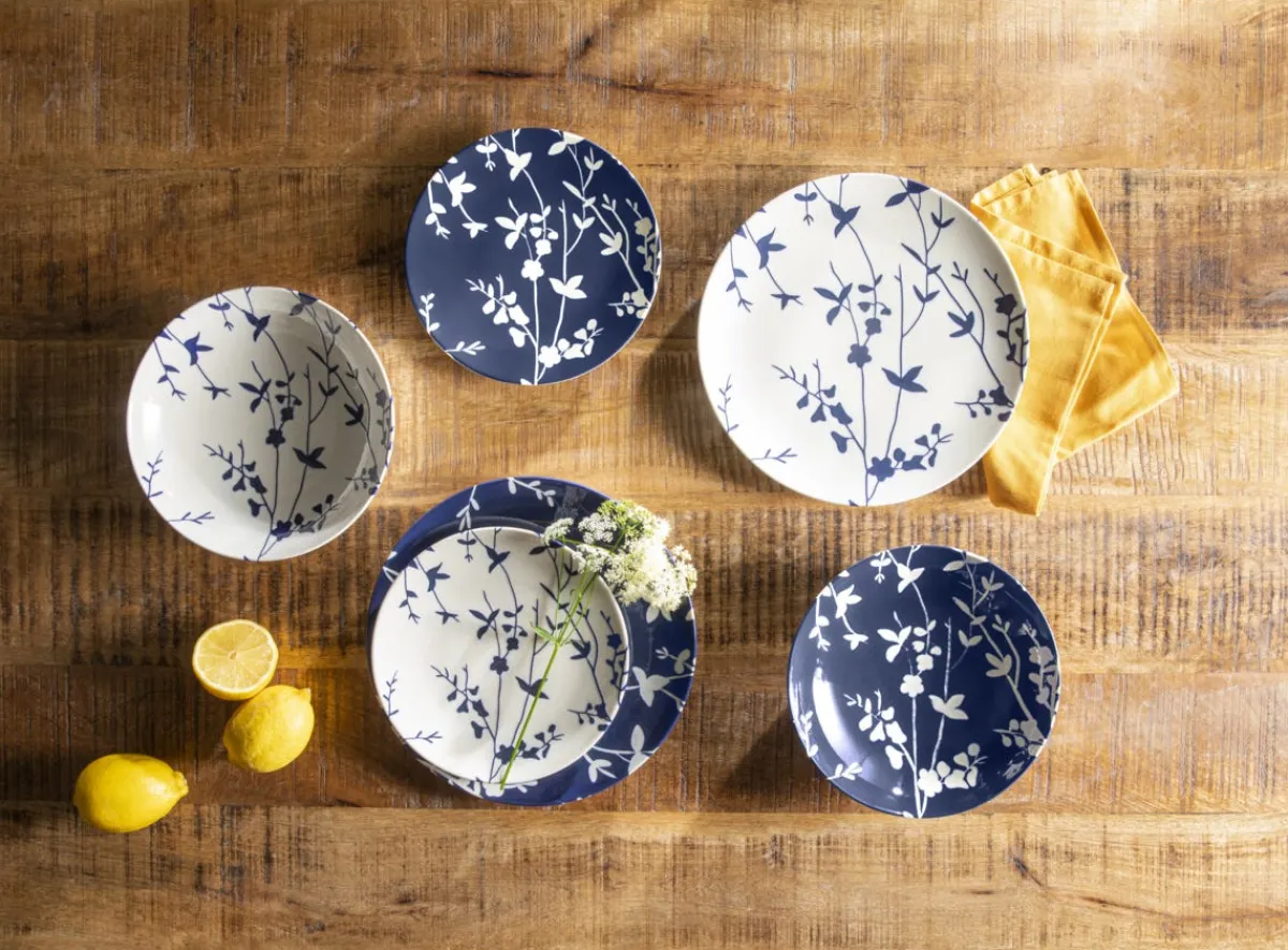 Assiette coupe plate rond bleu porcelaine Ø 20 cm Flora - ESSENTIALS COLLECTION Outlet