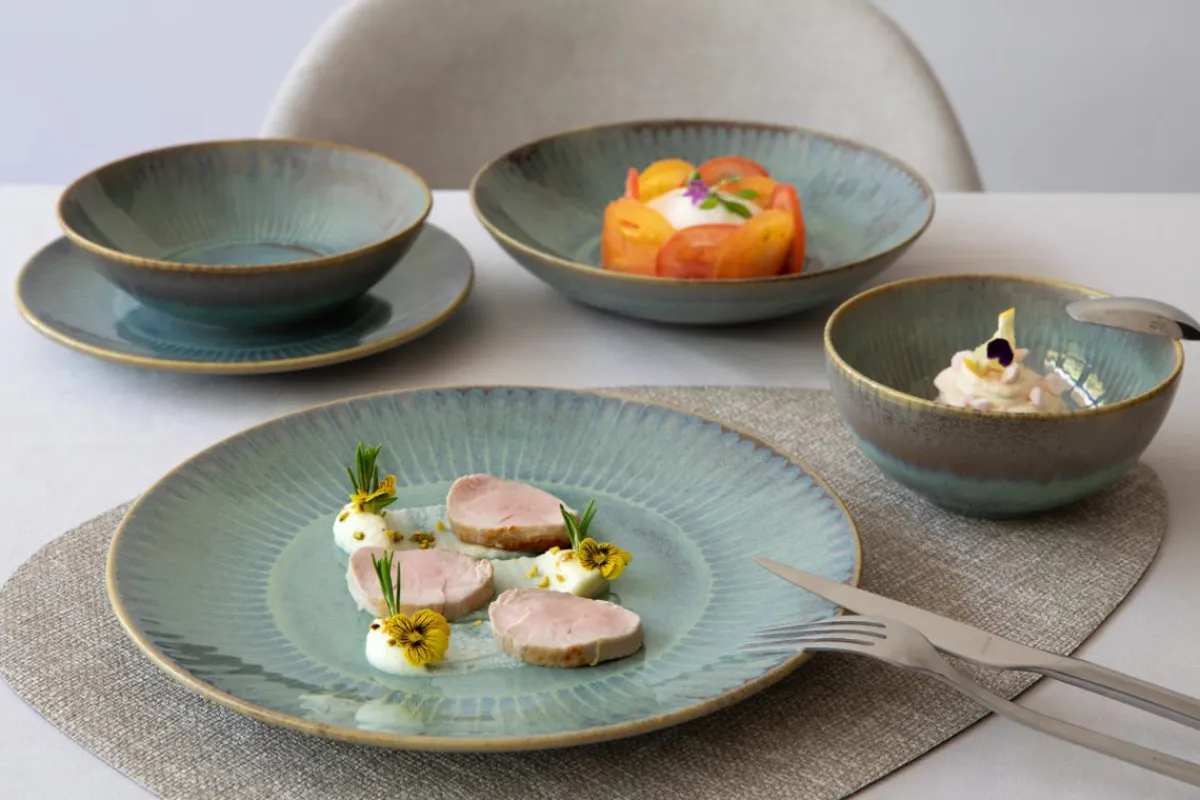 ACCOLADE Assiette coupe plate rond bleu vert grès émaillé Ø 21 cm Lotus Best