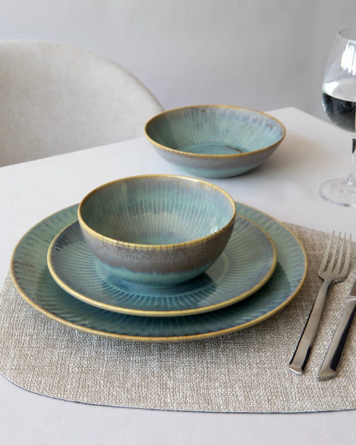 ACCOLADE Assiette coupe plate rond bleu vert grès émaillé Ø 21 cm Lotus Best