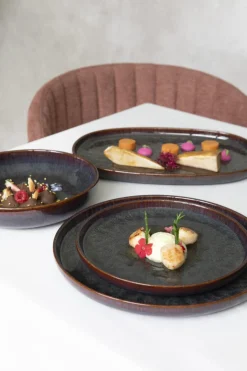 ACCOLADE Assiette plate rond Marron Bleu grès émaillé Ø 22 cm Amber Online