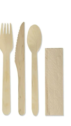 EARTH ESSENTIALS Kit cuillère, fourchette, couteau en bois et serviette kraft 23cm (500 pièces) Online