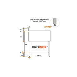 PROINOX Plonge 1 bac avec espace lave-vaisselle inox 140 cm x 85 cm Avec dosseret à gauche Avec étagère Sale