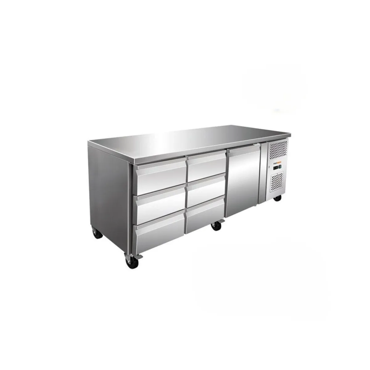 PROINOX Table central réfrigérée 1 portes pleine 2 blocs 3 tiroirs gris 465 L 3 grilles Clearance